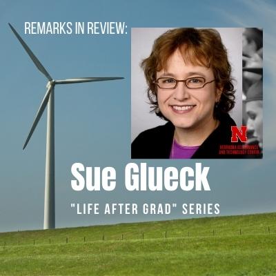 Headshot of Sue Glueck with Text