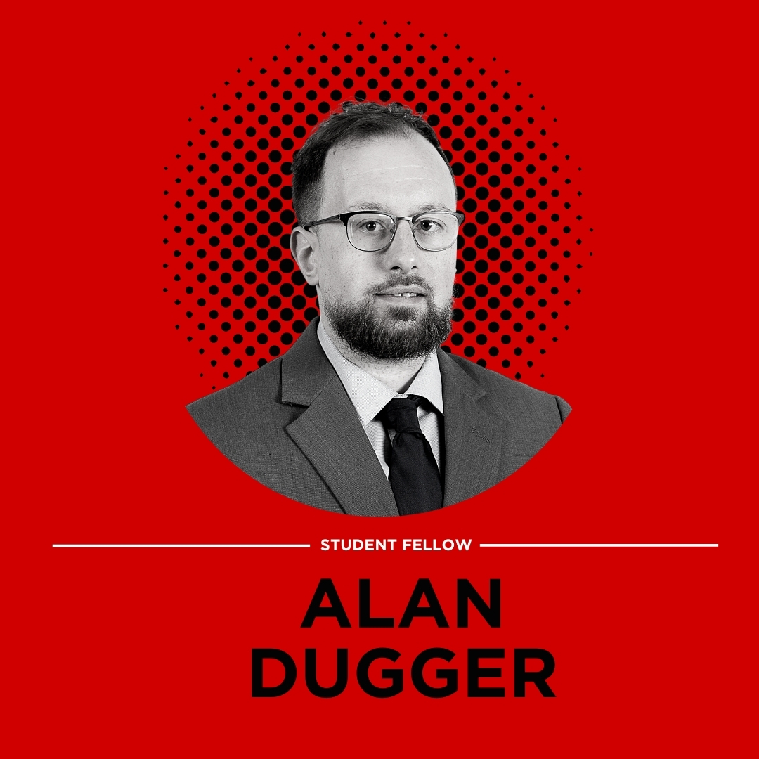 portrait of student fellow Alan Dugger on a red background.